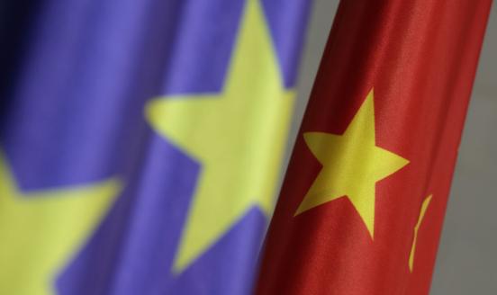 The flags of the European Union (L) and China stand side by side