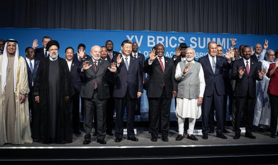 JOHANNESBURG, SOUTH AFRICA - AUGUST 24: South African President Cyril Ramaphosa with fellow BRICS leaders President of Brazil Luiz Inacio Lula da Silva, President of China Xi Jinping, Prime Minister of India Narendra Modi, and Russia's Foreign Minister Sergei Lavrov pose for a family photo with delegates, including six nations invited to join the BRICS group, Argentina, Egypt, Ethiopia, Iran, the United Arab Emirates and Saudi Arabia, during the closing day of the BRICS Summit 2023.